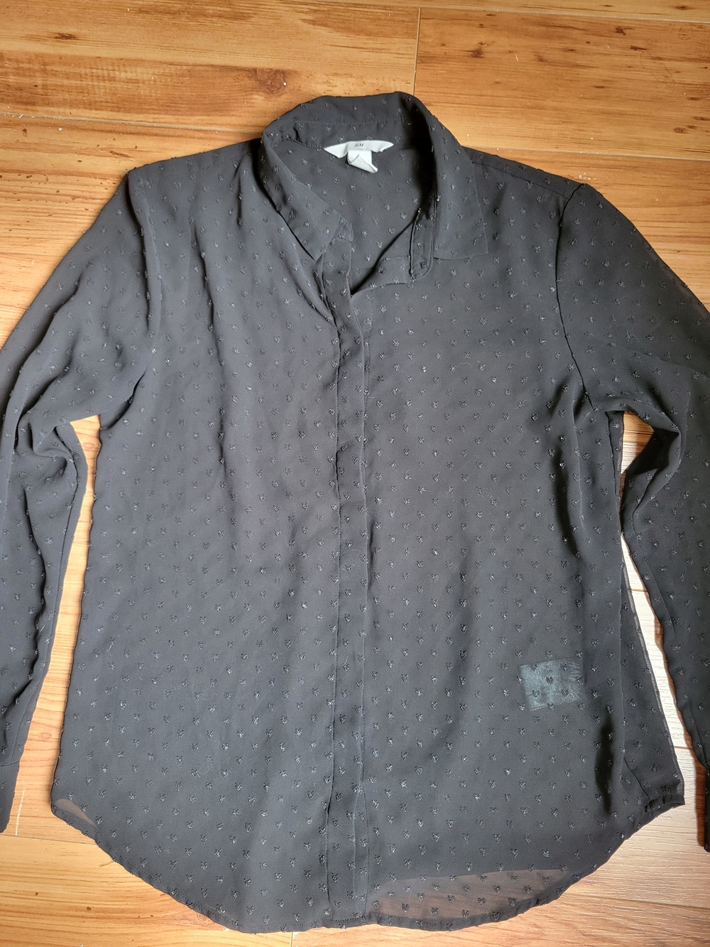H&M Black Long-Sleeve Sheer Blouse with Dot Texture